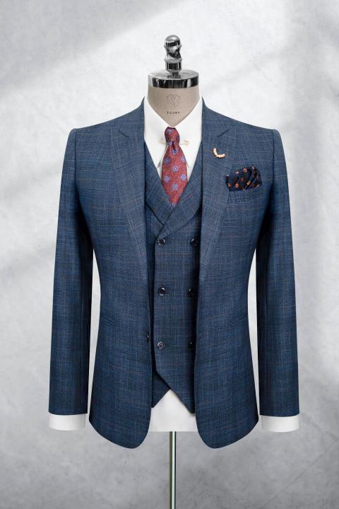 Bộ Suit Xanh Denim Phối Kẻ Caro Modern Fit TGS389