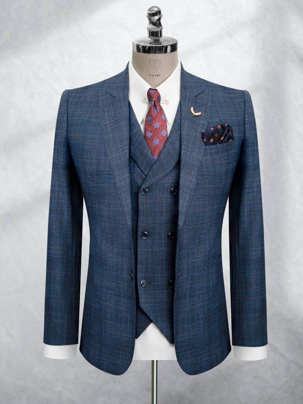 Bộ Suit Xanh Denim Phối Kẻ Caro Modern Fit TGS389
